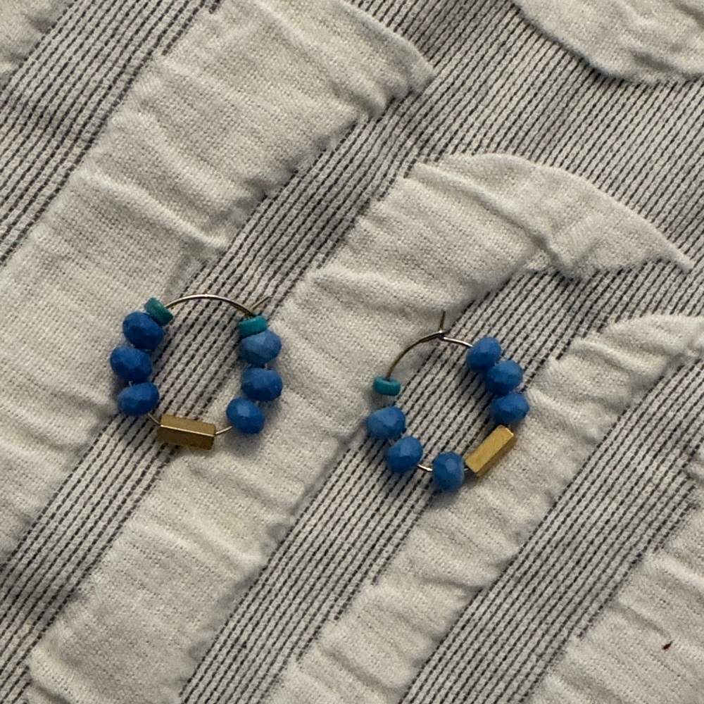 Blue and Gold Beaded Hoop Earrings
